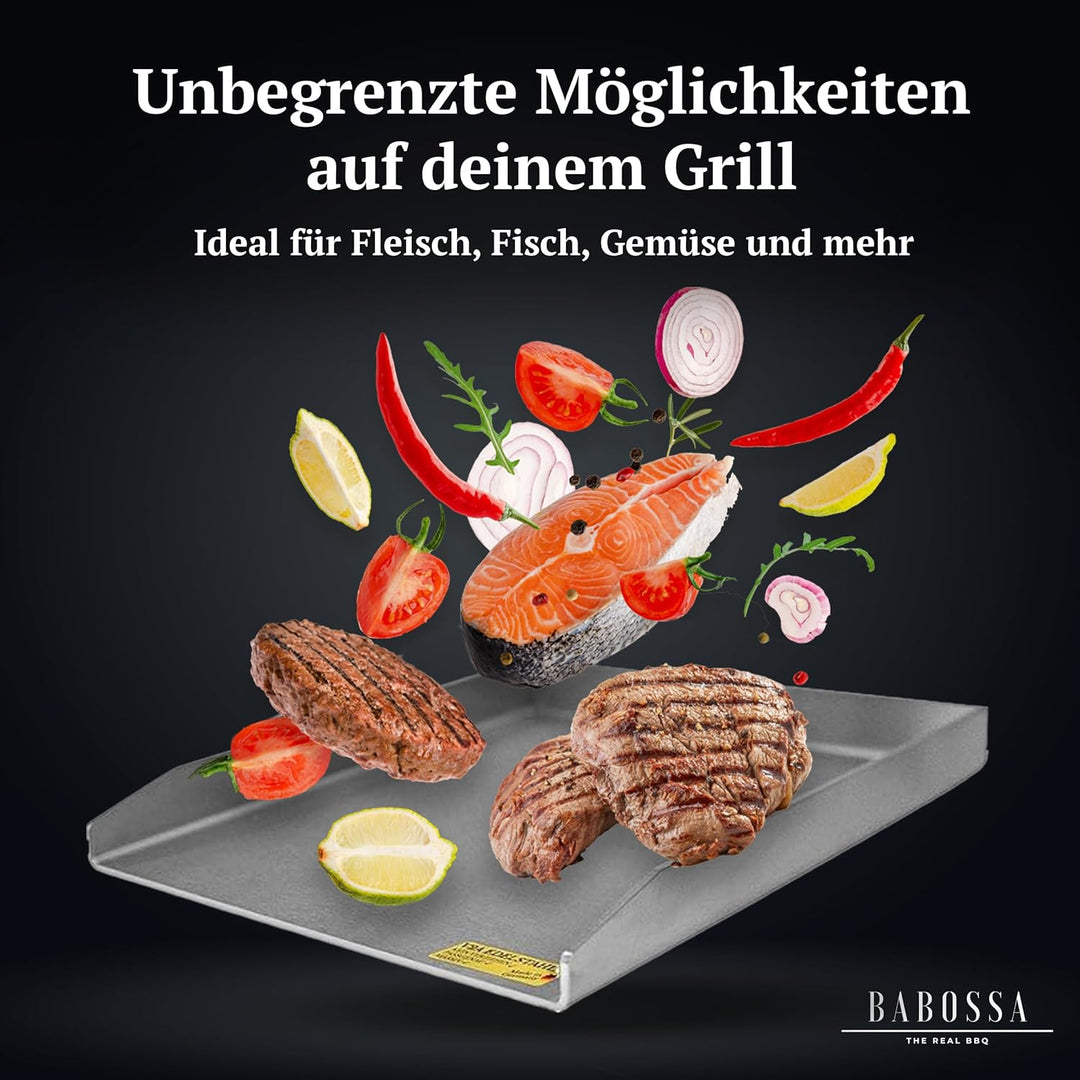 BABOSSA Grill Plancha aus V2A Edelstahl – Erstklassige Verarbeitung & perfekte Hitzeverteilung – kom