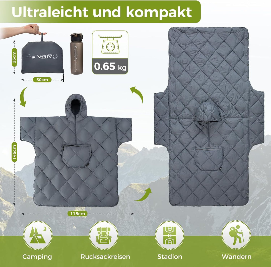 ATEPA Camping Poncho Decke & Tragbarer Schlafsack – Ultraleichte Warme Outdoor Decke Aus Recycelten