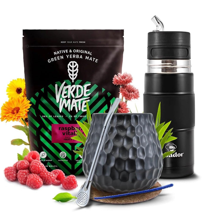 Mate Tee Set Verde Mate Raspberry Vitality 500g - Yerbomos X 450ml, Mate Becher 400ml, Bombilla und