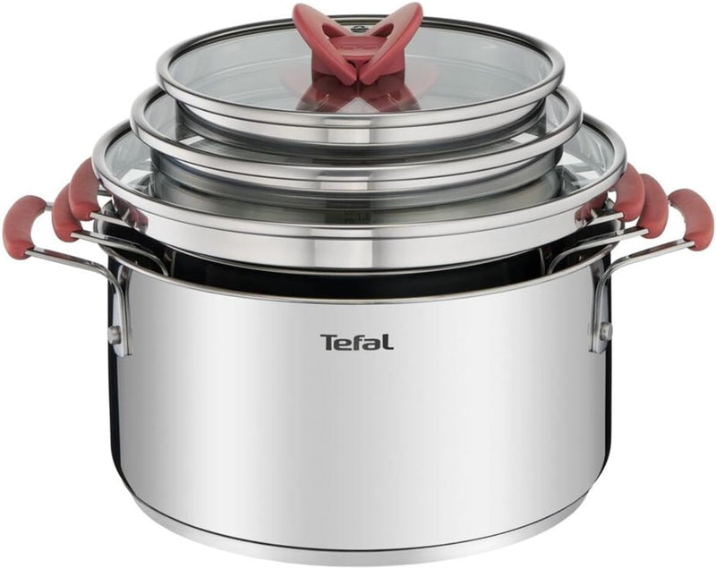 Tefal OptiSpace Set mit 3 Töpfen + 3 Deckeln, 18, 20 und 24 cm, Edelstahl, 3 flache Deckel, rutschfe