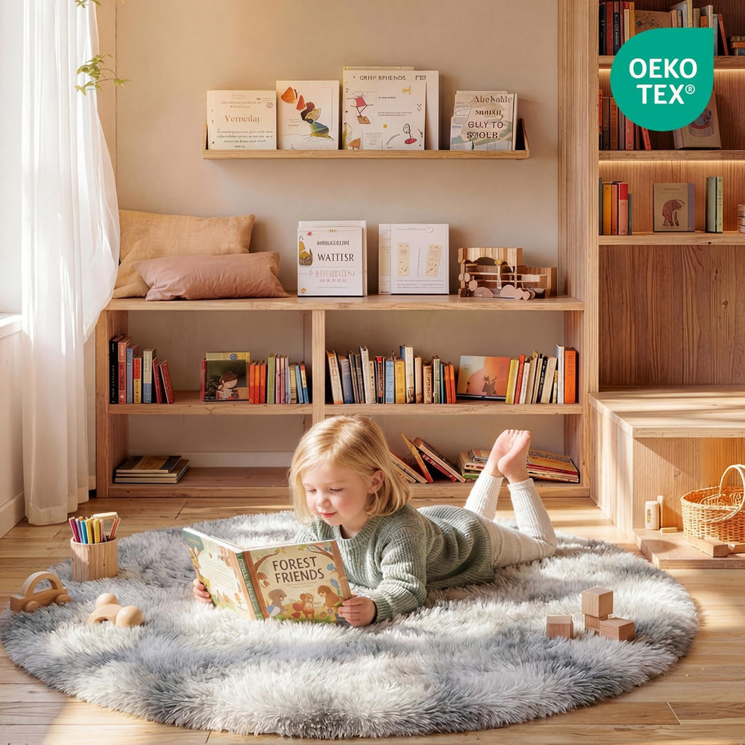 Teppich Rund Wohnzimmer 150 cm Hellgrau Schlafzimmer Hochflor-Teppich Waschbarer Anti-Rutsch Weicher
