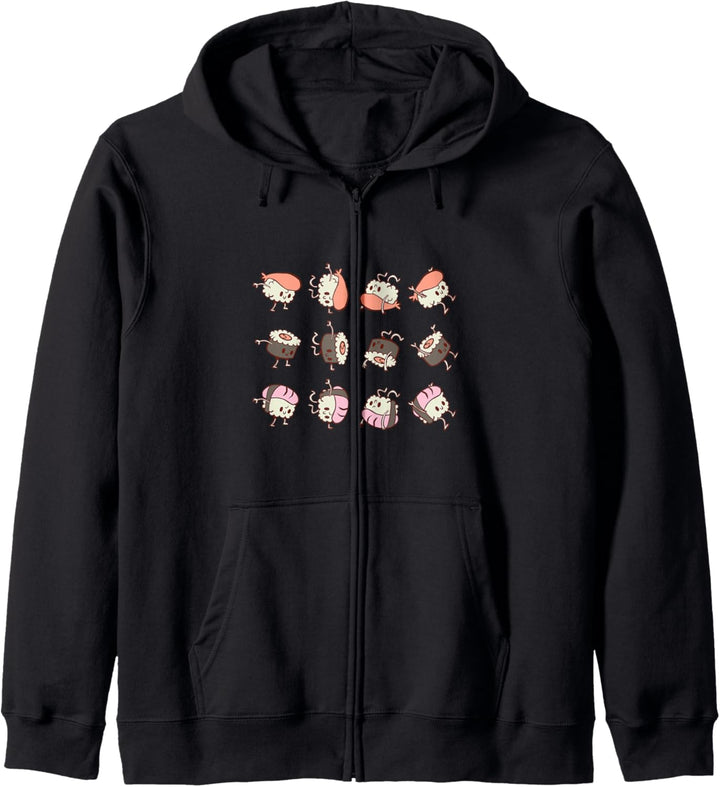 Kawaii Sushi Doing Somersaults süsse japanische Lebensmittelgrafik Kapuzenjacke