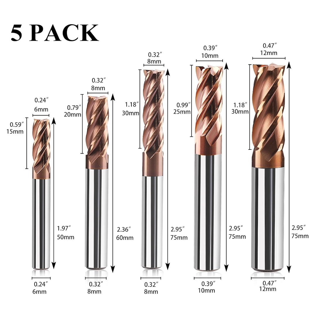 5 Stücke Fräser Schaftfräser Hartmetall 4-Flöte, 6-12mm CED TiSiN Coat Spiralfräser Bit VHM CNC Bohr