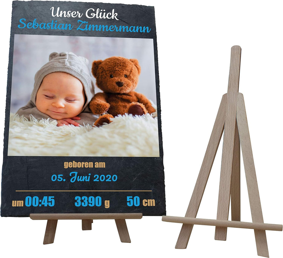 wandmotiv24 Schieferplatte mit eigenem Foto zur Geburt, 20 x 30 cm, inklusive Staffelei, Babyfoto, G