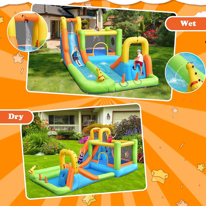GOPLUS Aufblasbare Hüpfburg, Wasserrutsche mit 2 Planschbecken, 2 Rutschen, Kletterwand, Wasserkanon