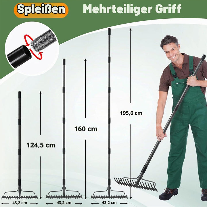 Gartenrechen 150 cm - Robuste Metall Gartenharke mit Stiel und 17 Zinken für Rasen, Laub &amp; Boden | R