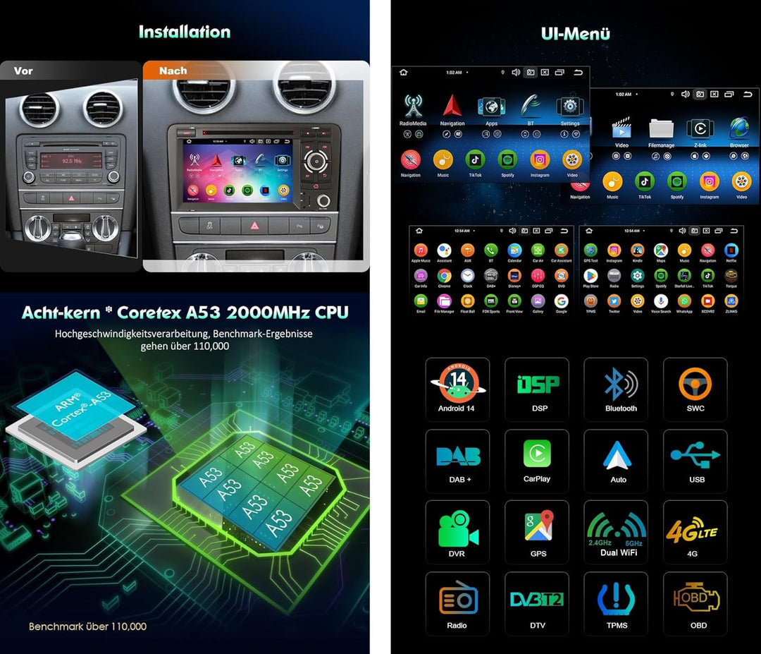 Erisin 7 Zoll 8-Kern 4GB+64GB Android 14 Autoradio Bluetooth mit CD Player Für Audi A3 (2003-2011) S