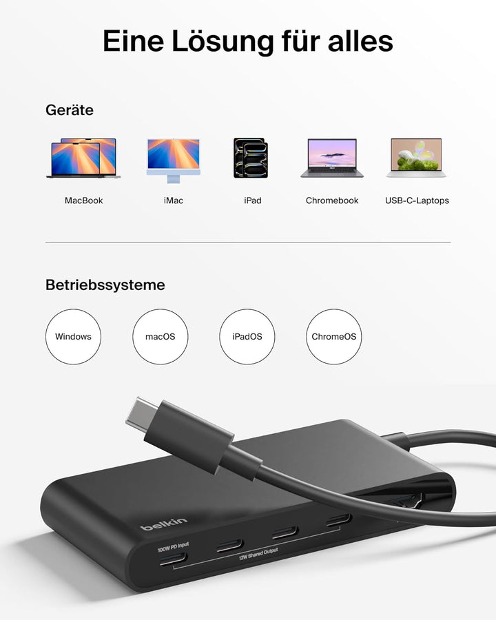 Belkin USB Hub, 5 in 1 USB C Adapter mit HDMI Anschluss, 4K 60Hz, 100W Power Delivery, Schneller Dat