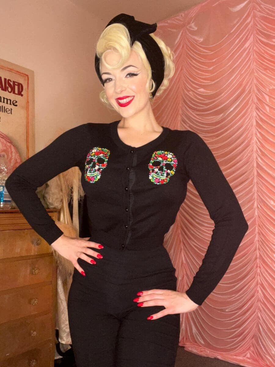 Ro Rox Dee Dee Strickjacke Gotisch Blumen Schädel Stickerei Strick Langarm XS Schwarz, XS Schwarz