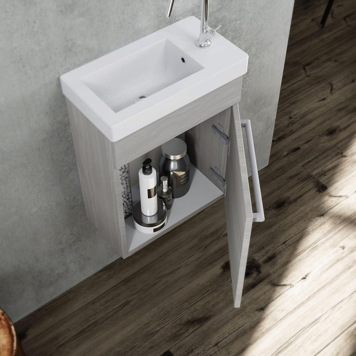 KIAMAMI VALENTINA PLATZSPARENDER HÄNGENDER Bad-UNTERSCHRANK 42CM MIT HOLZEFFEKT IN GRAU | SMART