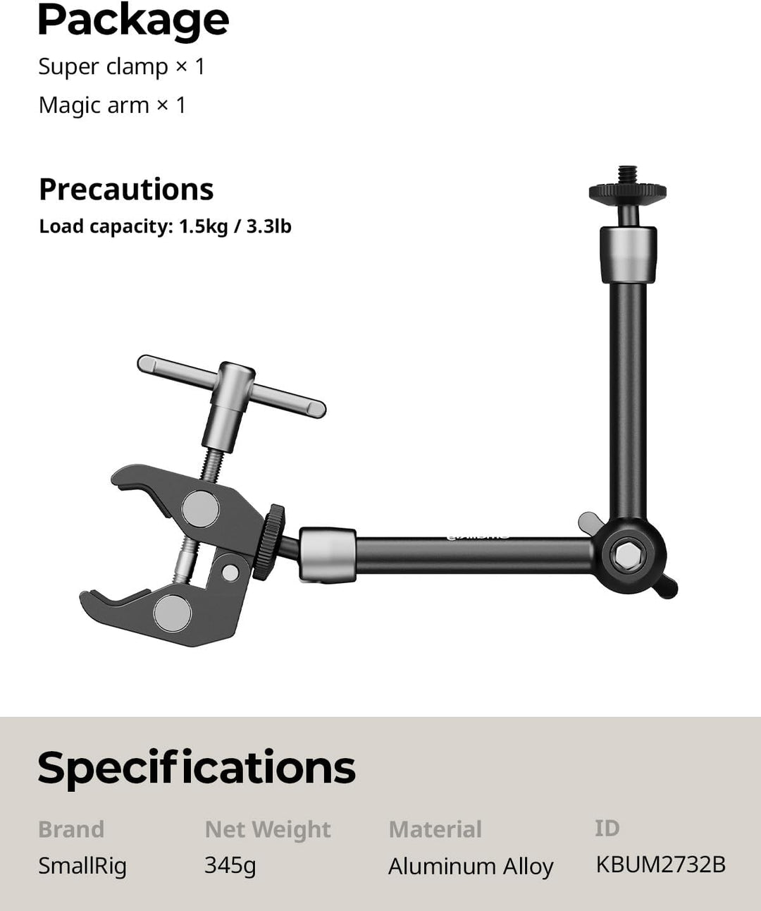 SmallRig Klemme mit 0,64 cm und 0,95 cm Gewinde und 24,8 cm verstellbarer Reibungsarm; Magischer Arm