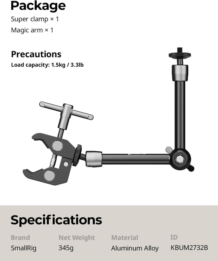 SmallRig Klemme mit 0,64 cm und 0,95 cm Gewinde und 24,8 cm verstellbarer Reibungsarm; Magischer Arm