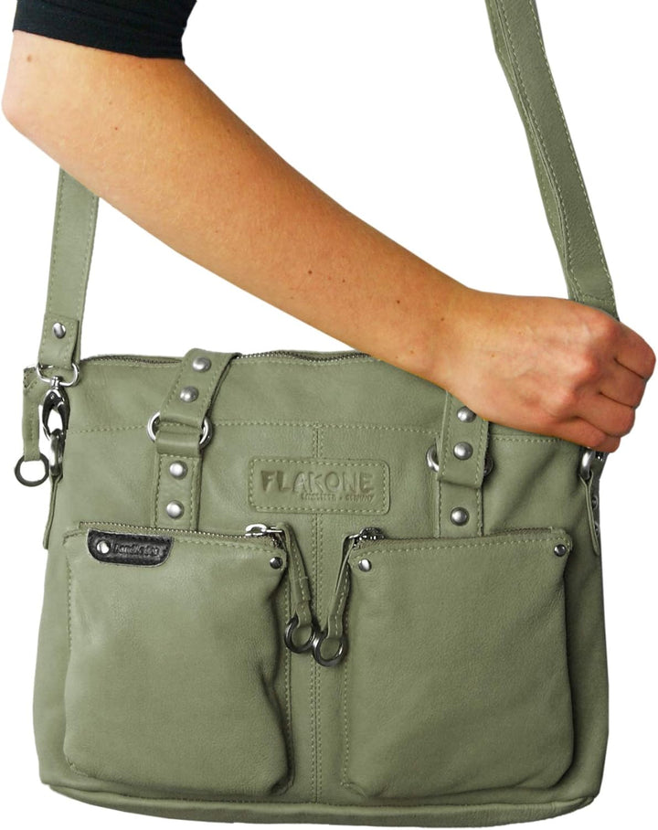 LL Baron of MALTZAHN Damen Schultertaschen FLAKONE Bluegrey-Taupe Shopper-718 aus Leder incl. Lederp