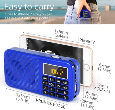 PRUNUS J-725 FM UKW Radio Klein, Kofferradio Tragbares Radio Wecker, Radio Batteriebetrieben mit 300