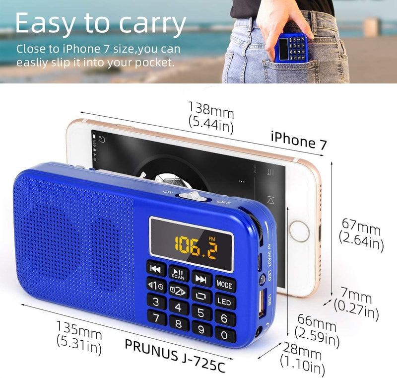 PRUNUS J-725 FM UKW Radio Klein, Kofferradio Tragbares Radio Wecker, Radio Batteriebetrieben mit 300