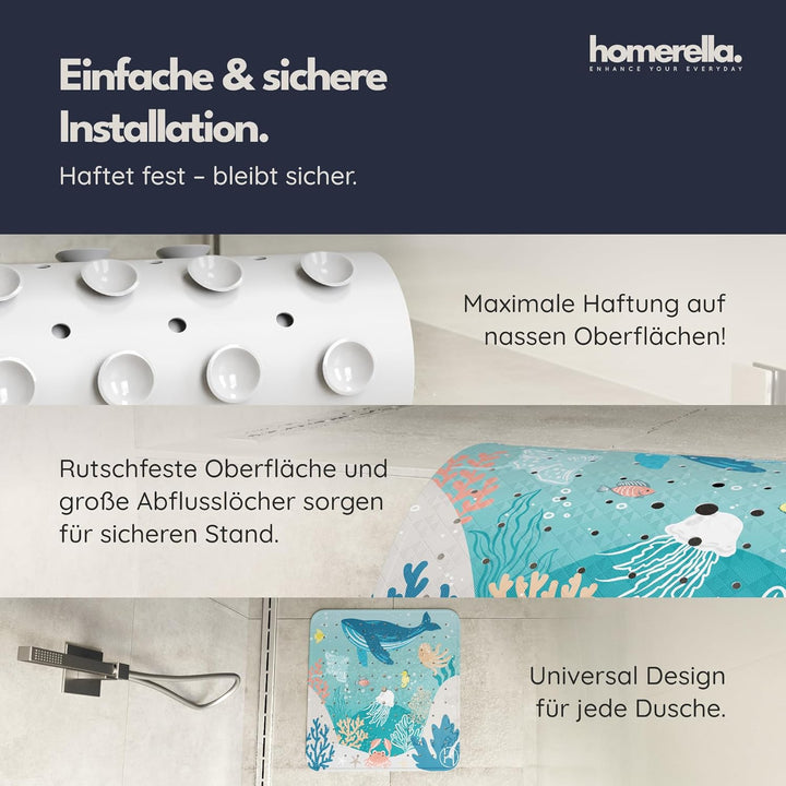 Homerella® Duschmatte rutschfest Kinder - 100% BPA frei Inkl. 2 Haken zum Aufhängen 53x53cm - Antiru