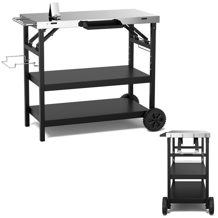 GYMAX 3-Ebenen Grilltisch klappbar, Servierwagen für die Zubereitung von Speisen, BBQ Werktisch mit