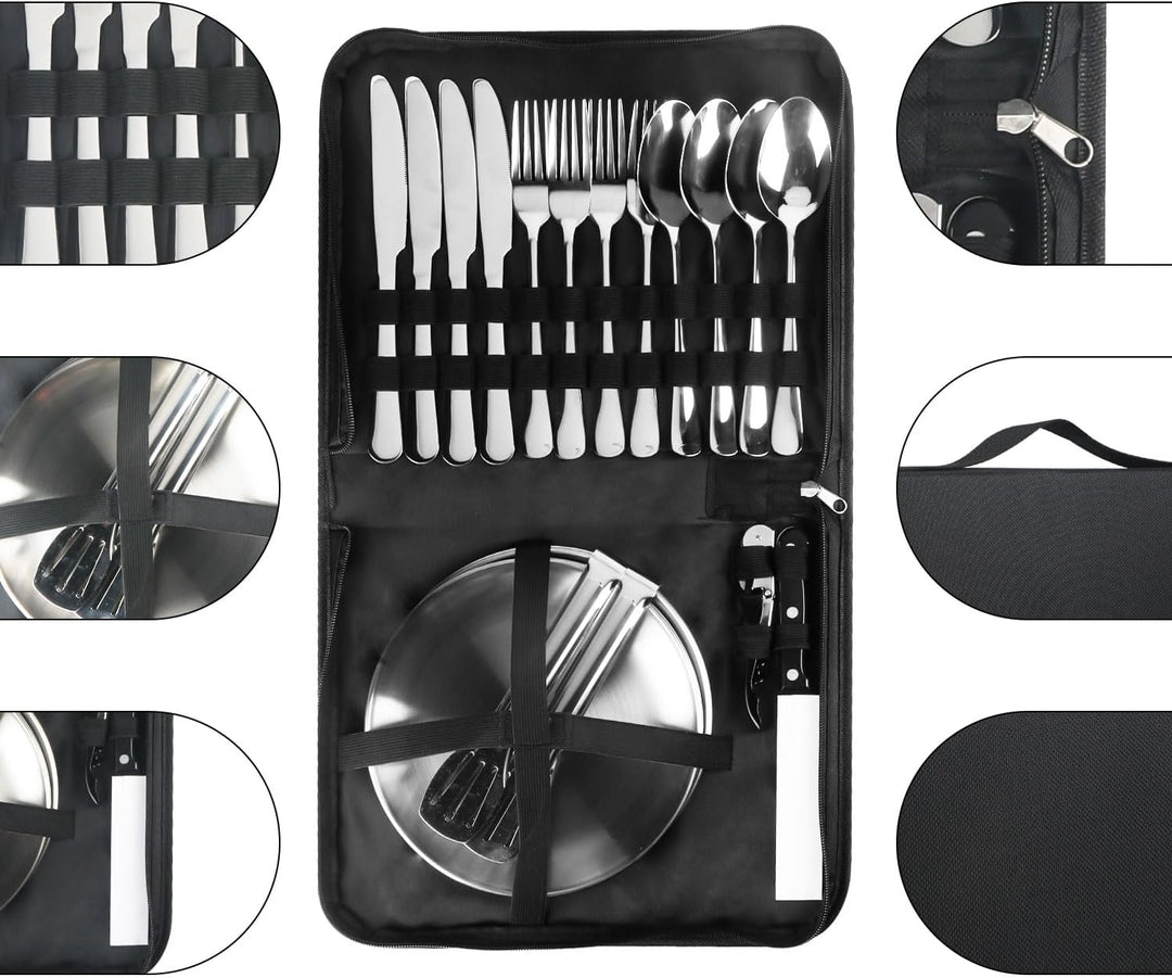 Camping Besteckset 4 Person, 20 PCS Picknick-Teller und Utensilien-Set, Tragbares Geschirr, Edelstah