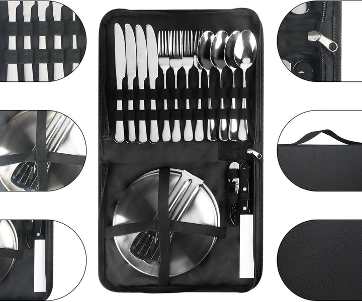 Camping Besteckset 4 Person, 20 PCS Picknick-Teller und Utensilien-Set, Tragbares Geschirr, Edelstah