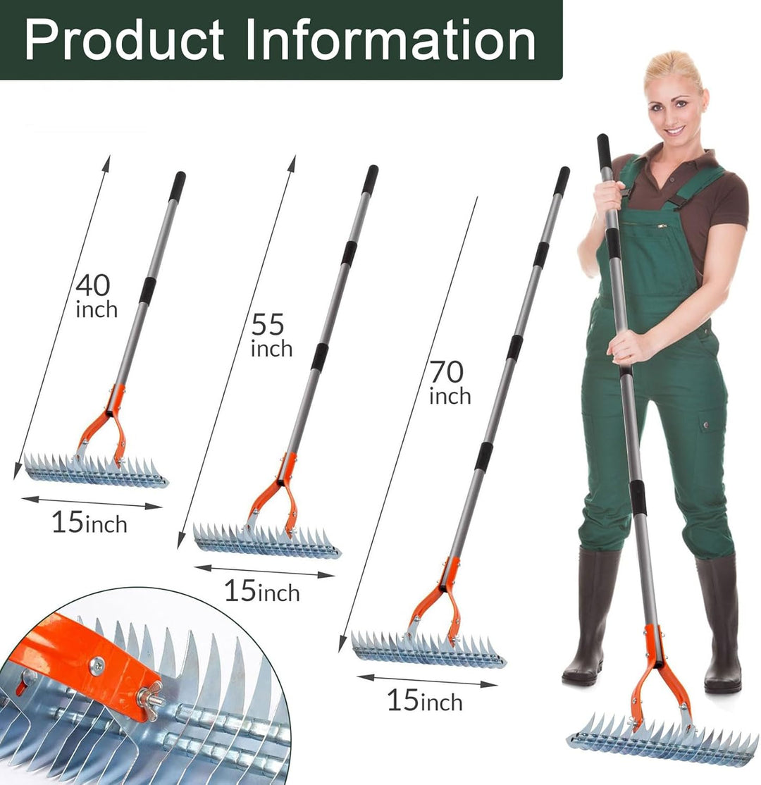 MeYuxg Vertikutierrechen, Metall Vertikutierer Rechen mit Stiel 170CM, Verstellbarer Handvertikutier