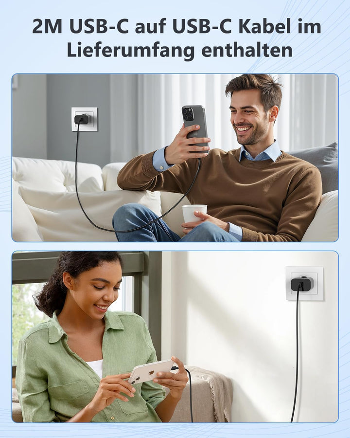 2-Pack 25W iPhone Ladegerät, USB C Stecker Schnellladegerät mit Kabel 2M, Netzteil für iPhone 17/17