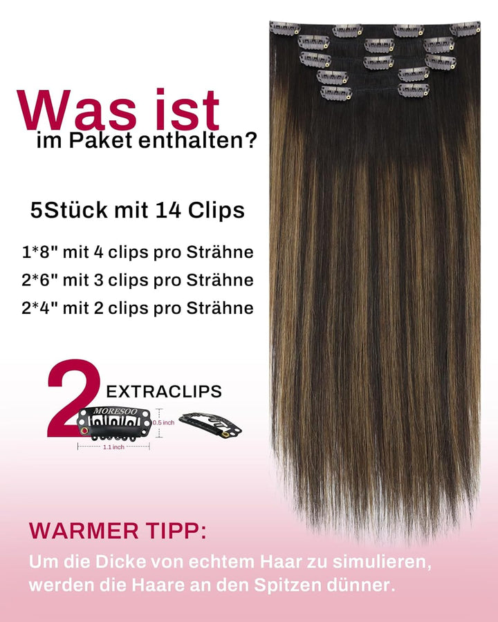 Moresoo Echthaar Extensions Clip Balayage Remy Clip in Extensions Echthaar Ombre Dunkelstes Braun mi