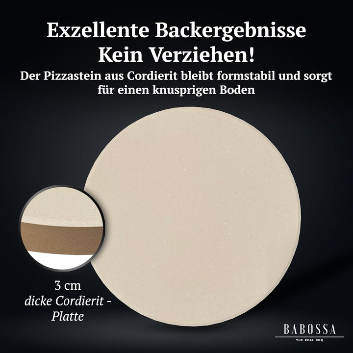 BABOSSA Pizzastein für den Grill | Ø32x3cm – Hochwertiger Cordierit Backstein – Knuspriger Boden, vi