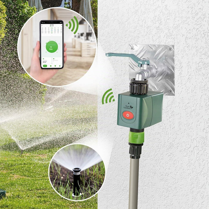 Royal Gardineer Elesion Bewässerung: 4er-Set WLAN-Bewässerungscomputer mit Ventil, App-Wetterdatenab