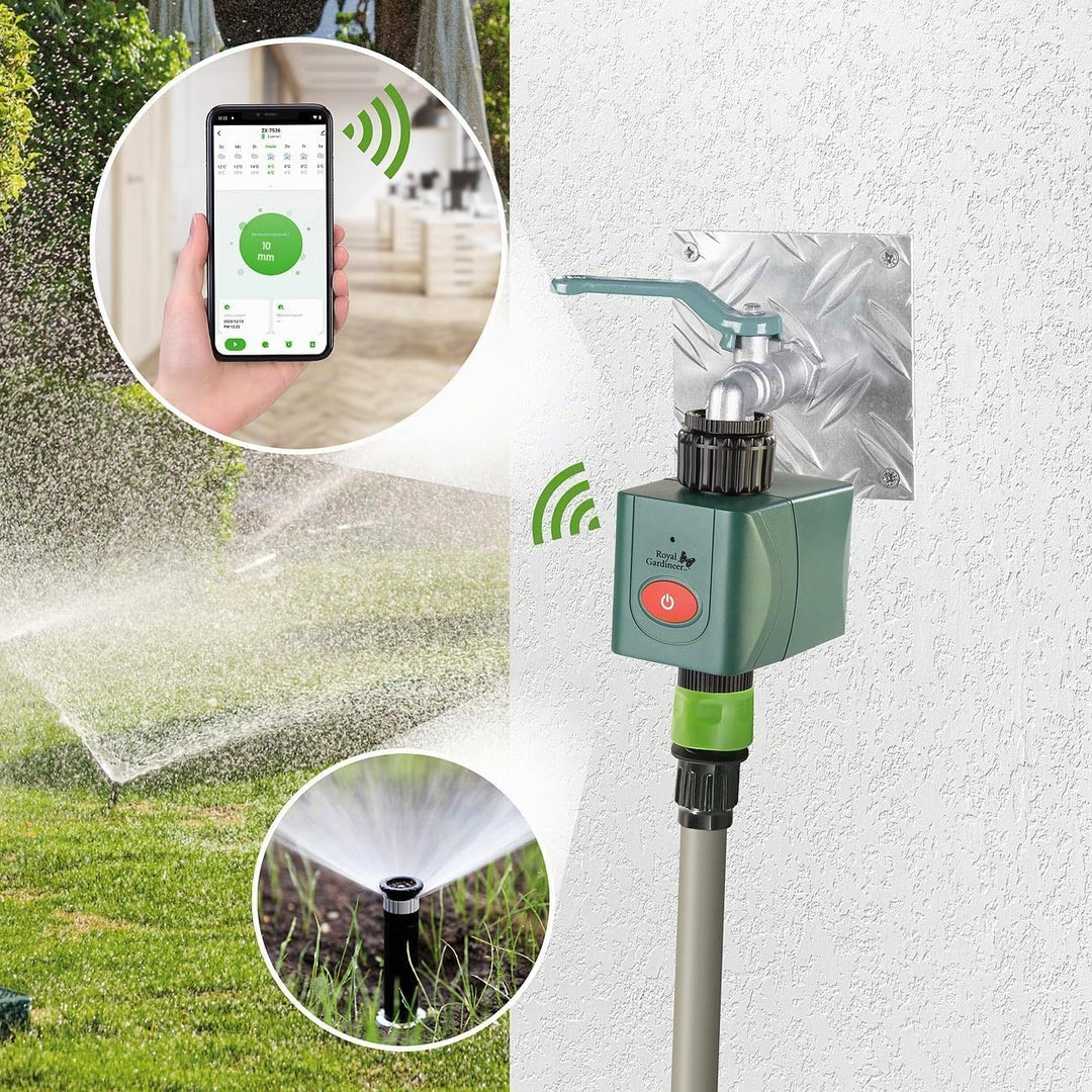 Royal Gardineer Elesion Bewässerung: 2er-Set WLAN-Bewässerungscomputer mit Ventil, App-Wetterdatenab
