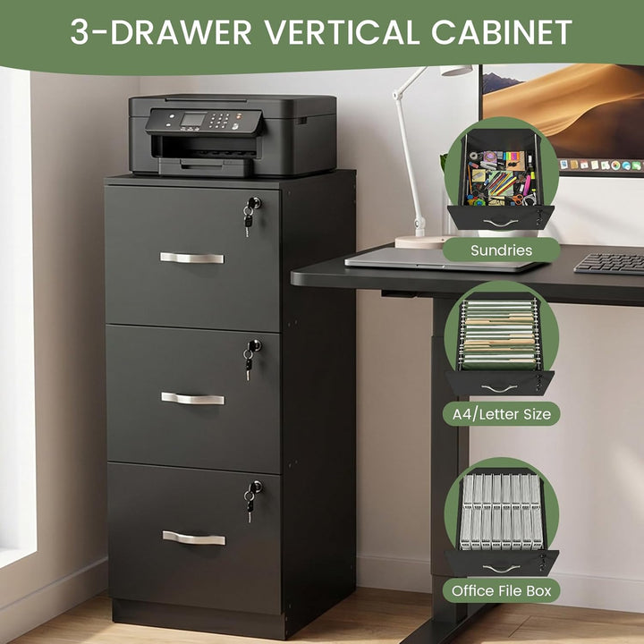 Büroschrank Abschliessbar mit 3 Schubladen, Schubladenschrank 40×41×103.5cm 3 Schubladen-Schwarz, 3