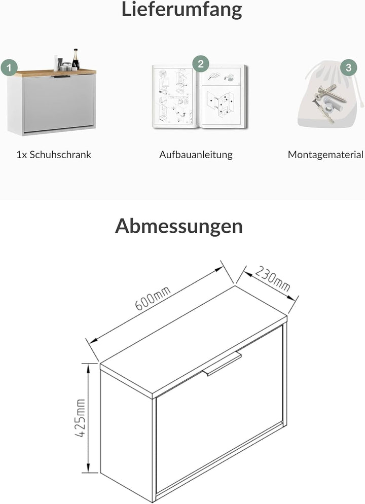 Planetmöbel Schuhschrank schmal mit 1 Klappe platzsparender Schuhregal mit 2 Ablagen, Schuhkommode f