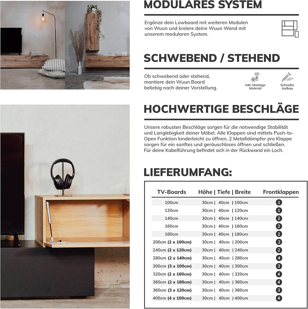 Wuun® TV Lowboard I 100cm-280cmI TV Board hängend Hängeschrank Wohnwand/Somero/Eiche 160 Eiche, 160