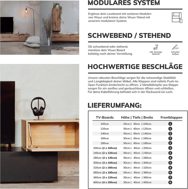 Wuun® TV Lowboard I 100cm-280cmI TV Board hängend Hängeschrank Wohnwand/Somero/Eiche 160 Eiche, 160
