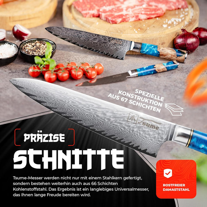 Tsume Profi Set Saphir, Messerset mit 7 Premium Küchenmessern, Echte Damast Küchenmesser, 67 Schicht