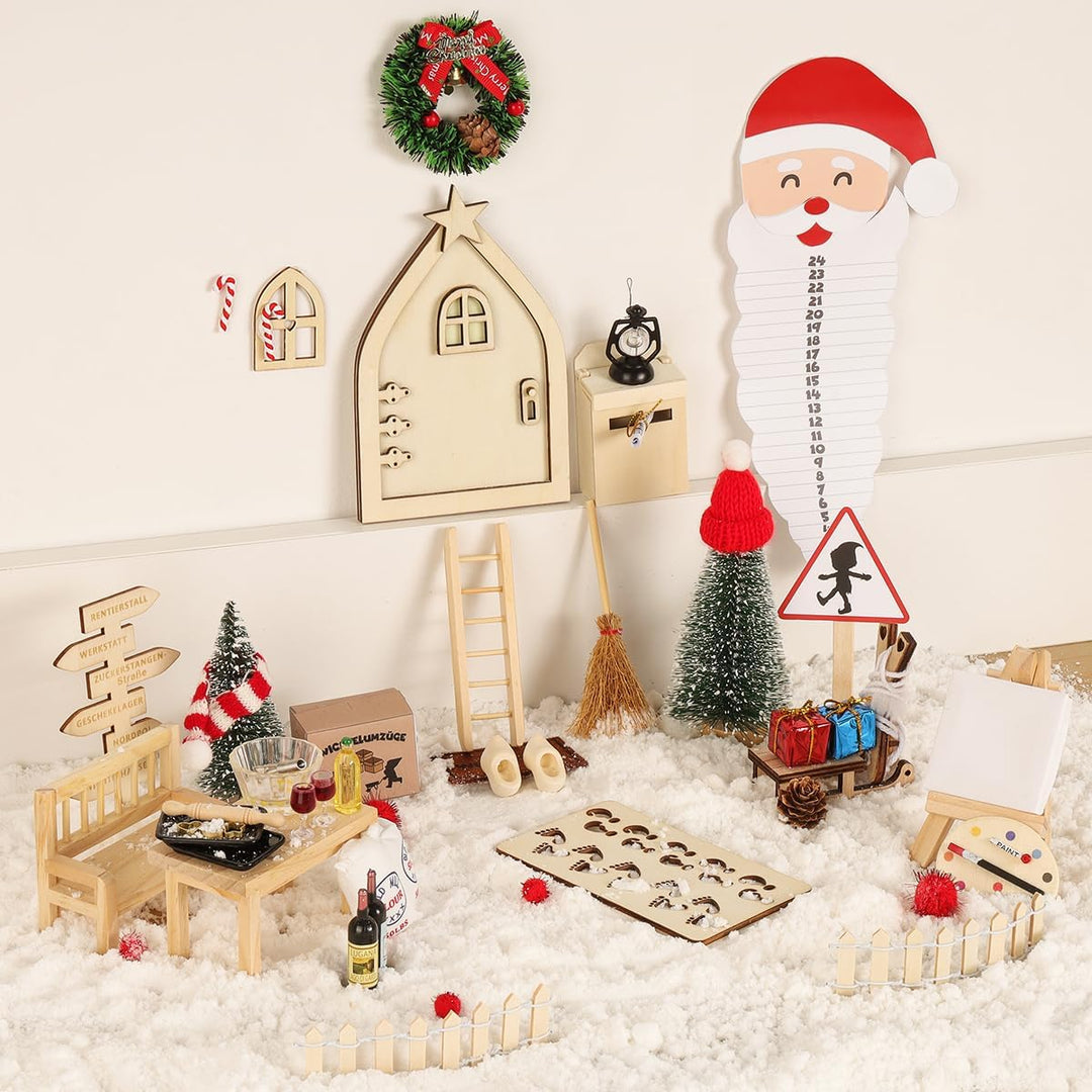 WILDPARTY 64Pcs Wichteltür Zubehör Weihnachten mit Briefen, Miniatur Feentür Leuchtend Komplettset,