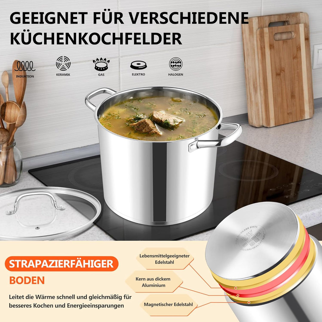 Joyfair Topf Kochtopf, 9,5 Liter Edelstahl Gross Topf Induktion mit Glasdeckel, 3 Lagen Stabiler Bod