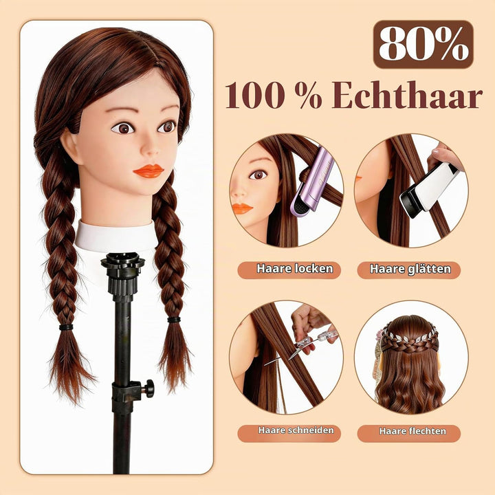 Yofuly 26Zoll/66cm Frisierkopf, 80% Echthaar Übungskopf, Frisieren Trainingsköpfe Puppenkopf Friseur