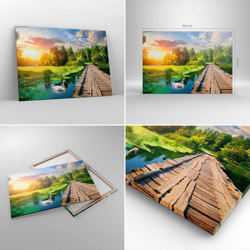 Bilder auf Leinwand 100x70cm Leinwandbild Architektur Promenade Schwan Landschaft Gross Wanddeko Bil