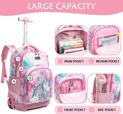 HTgroce Einhorn Trolley Rucksack mit Rollen Schultrolli Mädchen mädchen Schultasche Mit Rollen Schul