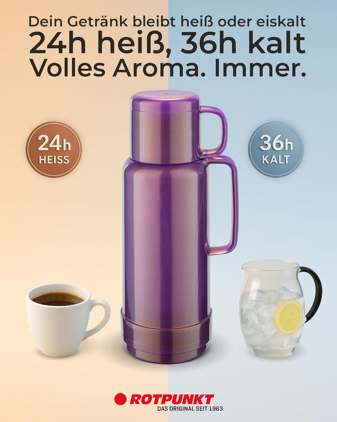 ROTPUNKT Isolierflasche 1 Liter mit integriertem Becher - Hochwertige Isolierkanne Made in Germany I