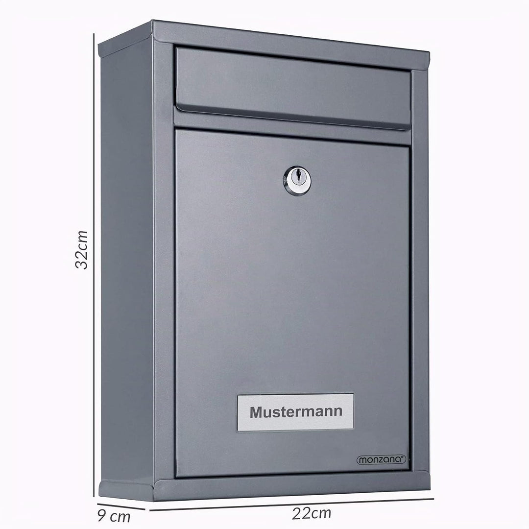 MONZANA® Briefkasten Silber inkl. 2 Schlüssel Namensschild abschliessbar Mailbox Briefkastenanlage P