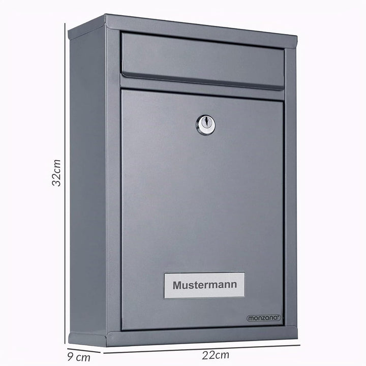 MONZANA® Briefkasten Silber inkl. 2 Schlüssel Namensschild abschliessbar Mailbox Briefkastenanlage P