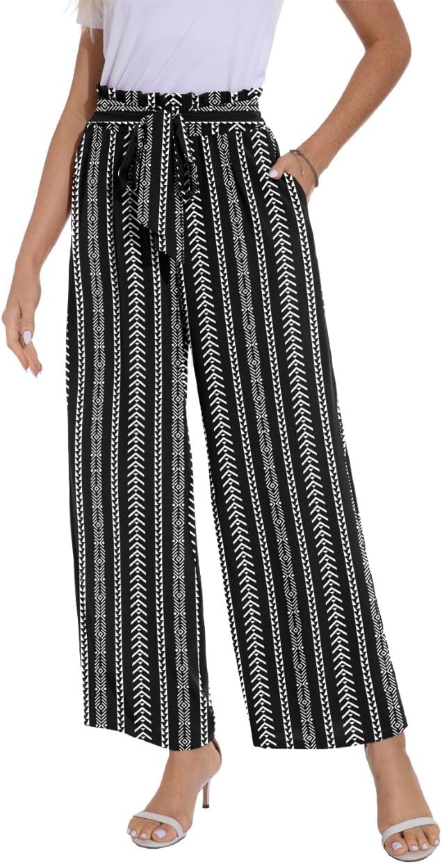 PrinStory Damen Hose Mit Weitem Bein Leichte Elastische Taille Sommer Hose Mit Taschen Kausale Arbei