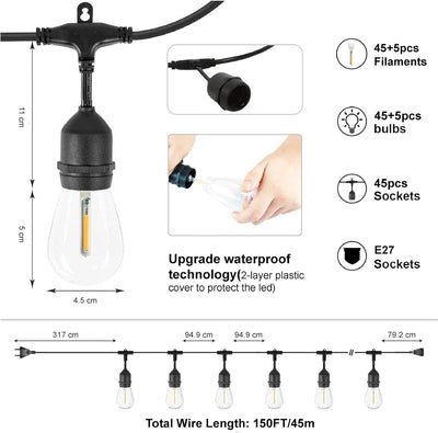 ZOTOYI Lichterkette Aussen 45M, S14 Lichterkette Glühbirnen Aussen LED mit 45+5 Plastik Birnen, IP65
