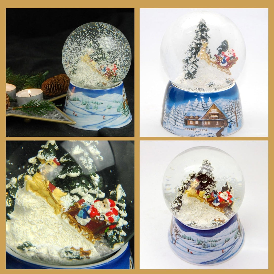 Schneekugel Weihnachtsmann im Schlitten auf Sockel nostalgische Schneelandschaft Mittelblau Weihnach