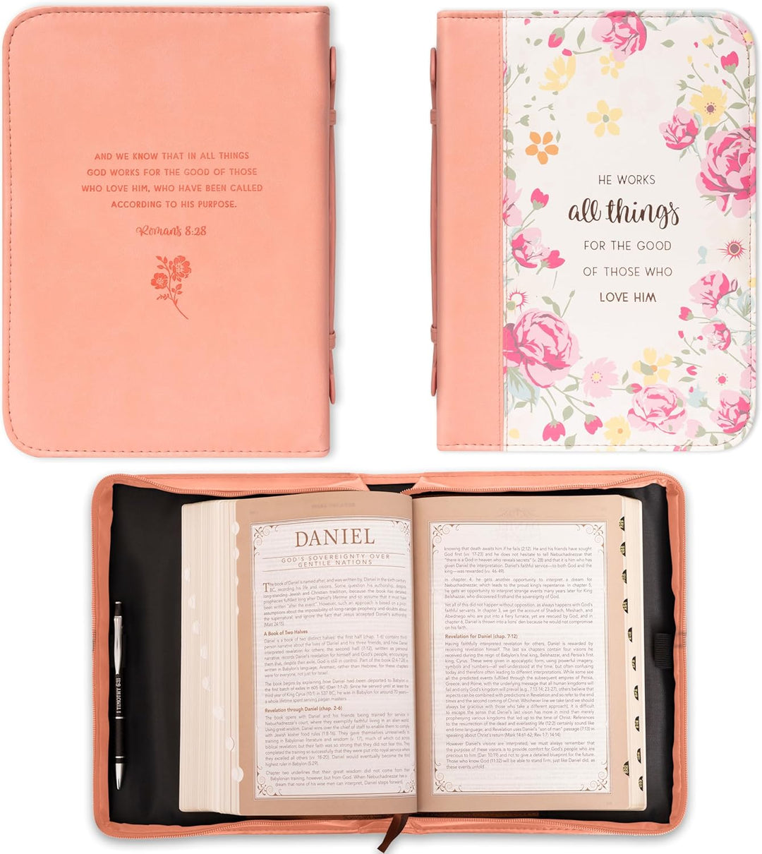 Christian Art Gifts Women's Fashion Bible Cover He Works All Things for Good Romans 8:28, Peach Flor