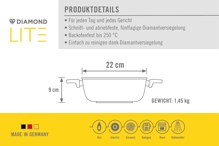 Woll Diamond Lite Kasserolle, viereckig, 22x22 cm, 9 cm hoch, 3.5 Liter, mit 2 Seitengriffen - Geeig