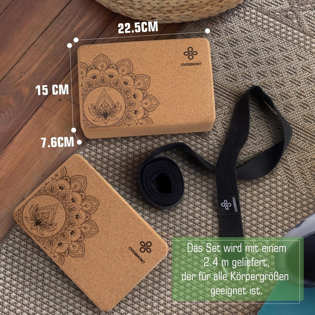 Overmont Yogablöcke Kork 2er Set Yogaklotz - Yoga Block mit Yoga Gurt - Korkblock für Fitness Pilate