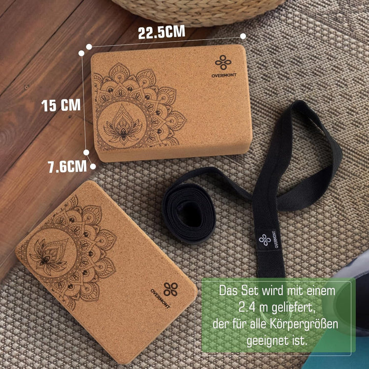 Overmont Yogablöcke Kork 2er Set Yogaklotz - Yoga Block mit Yoga Gurt - Korkblock für Fitness Pilate