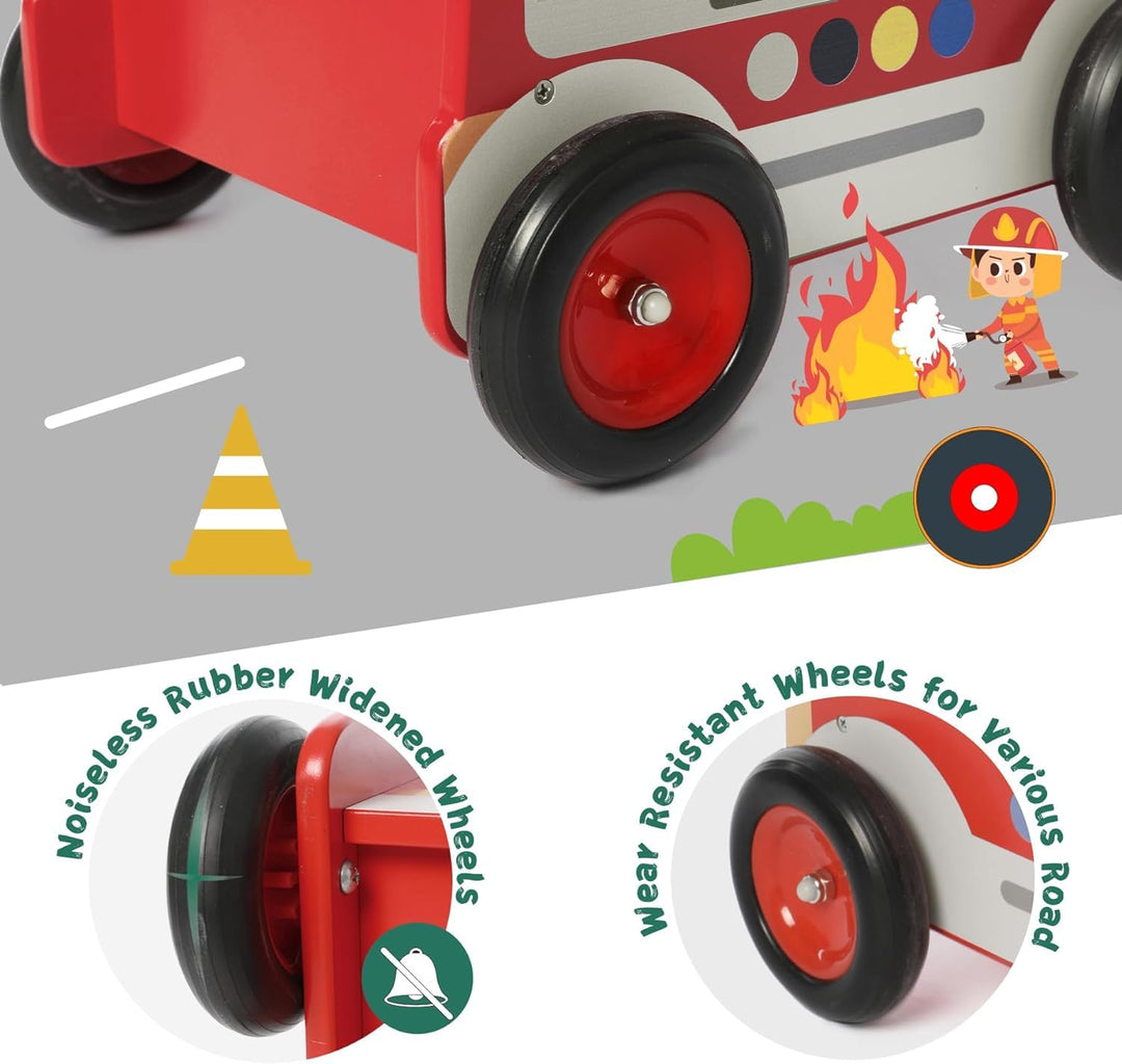 labebe Rot Feuerwehrauto Lauflernwagen Holz Baby Push Pull Lauflernhilfe Spielzeug mit Rädern für Ju